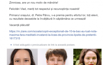 Primăria orașului Zimnicea i-a felicitat,  printr-un mesaj agramat, pe elevii cu media 10 la Bacalaureat