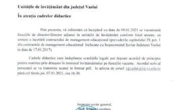 ISJ Vaslui a anunțat 94 de școli că posturile de directori sunt vacantate din 9 februarie
