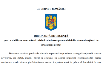 DOCUMENT Textul complet al OUG privind salarizarea din Educație, care va apărea azi în Monitorul Oficial