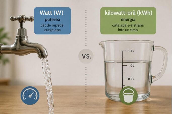 robinet si cana cu apa pentru reprezentarea grafică pentru putere (Watt) și consum (KWh)