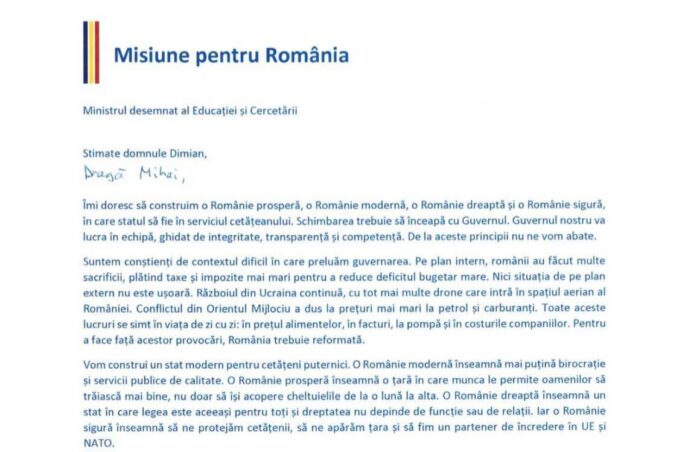 „Dragă Mihai…” Dimian a publicat un mesaj primit de la Siegfried Mureșan